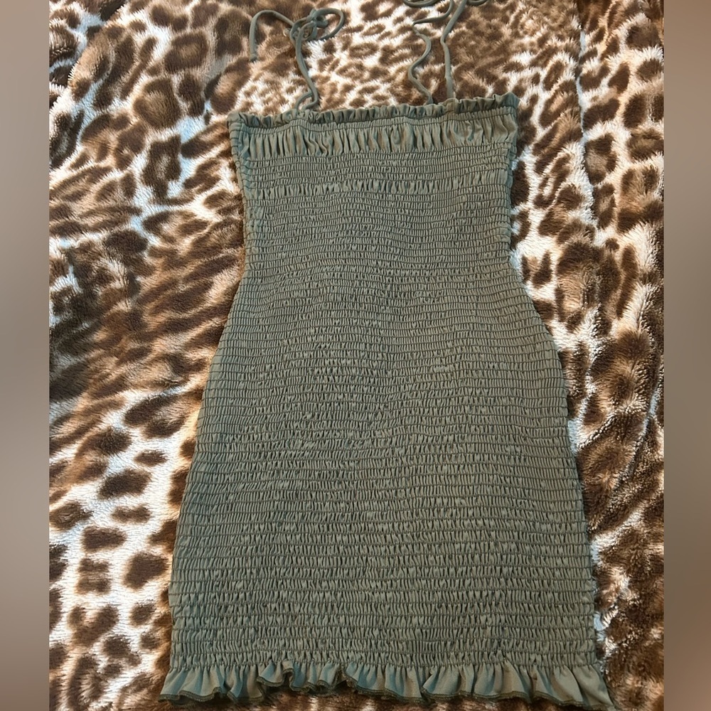Green Smocked Dress With Ruffle Hem